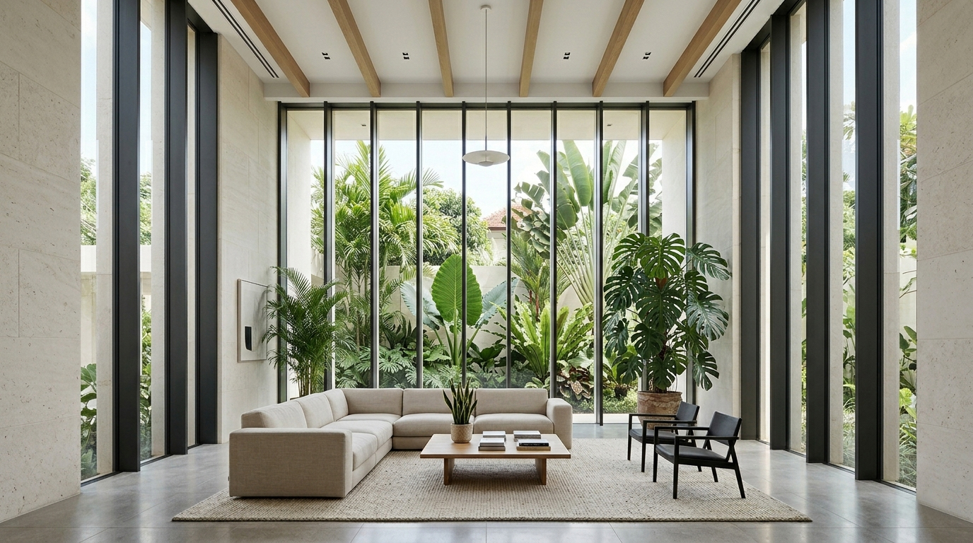 Desain interior ruang keluarga dengan plafon tinggi untuk kesan hunian mewah